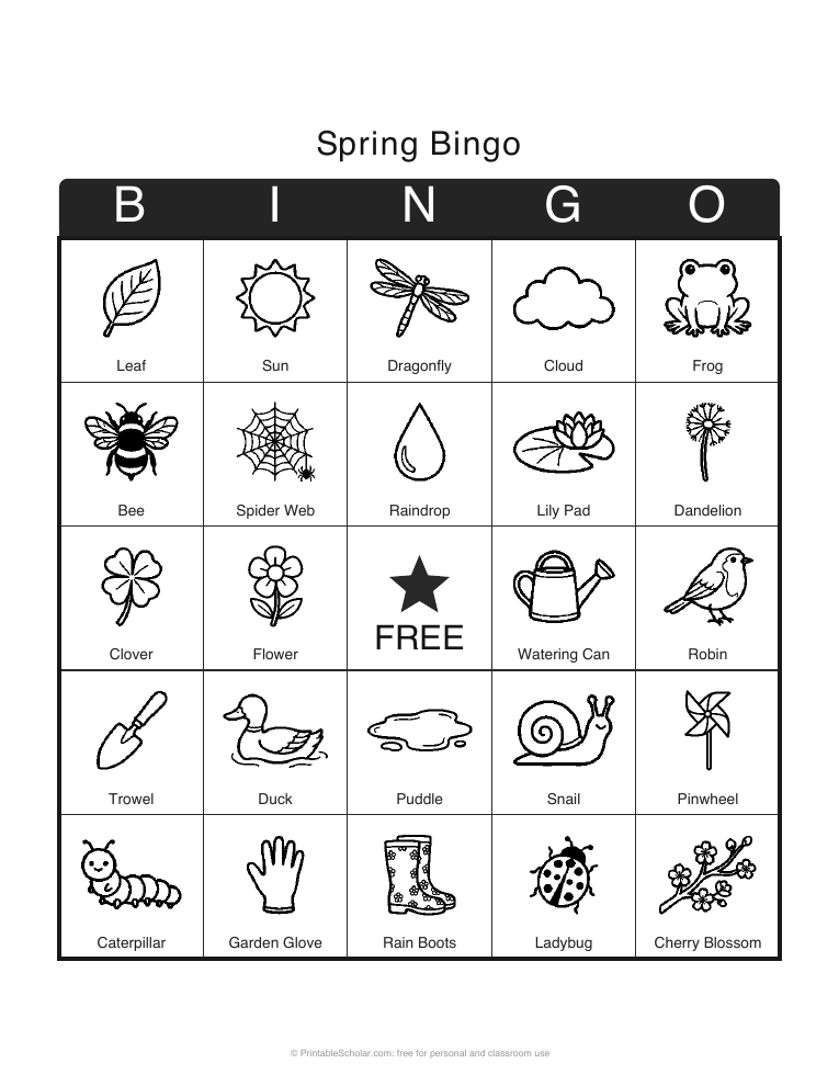 Spring Bingo printable card preview