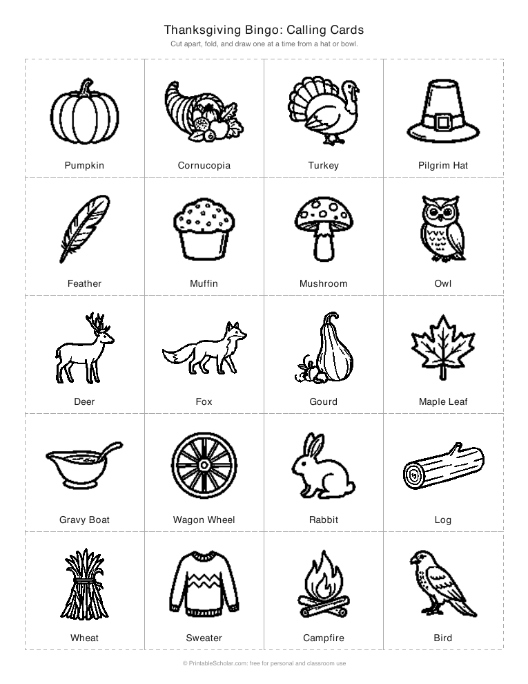 Thanksgiving bingo calling cards printable: cut-apart picture cards for the caller