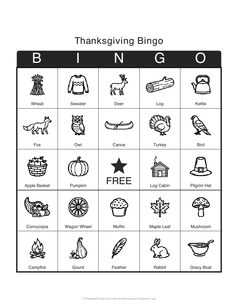 Thanksgiving Bingo printable card preview