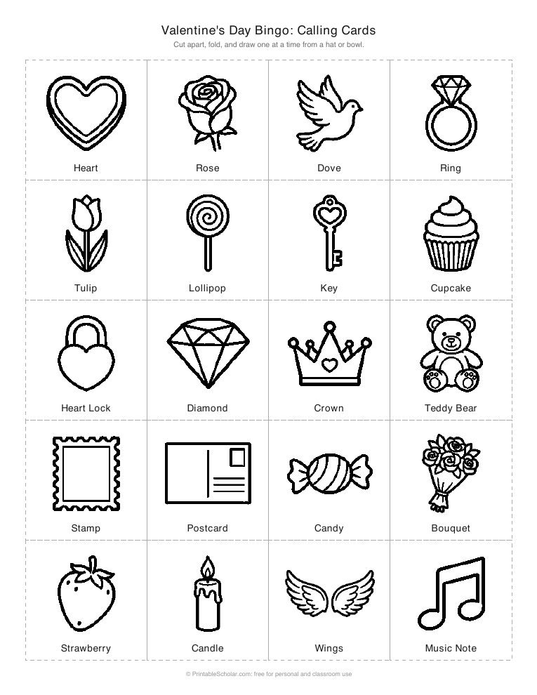 Valentine's Day bingo calling cards printable: cut-apart picture cards for the caller
