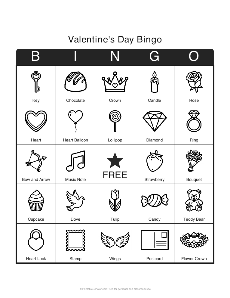 Valentine's Day Bingo printable card preview