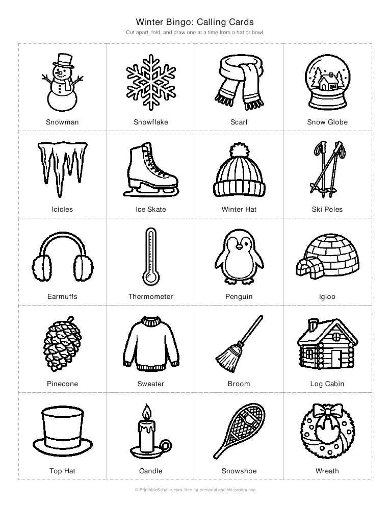 Winter bingo calling cards printable: cut-apart picture cards for the caller