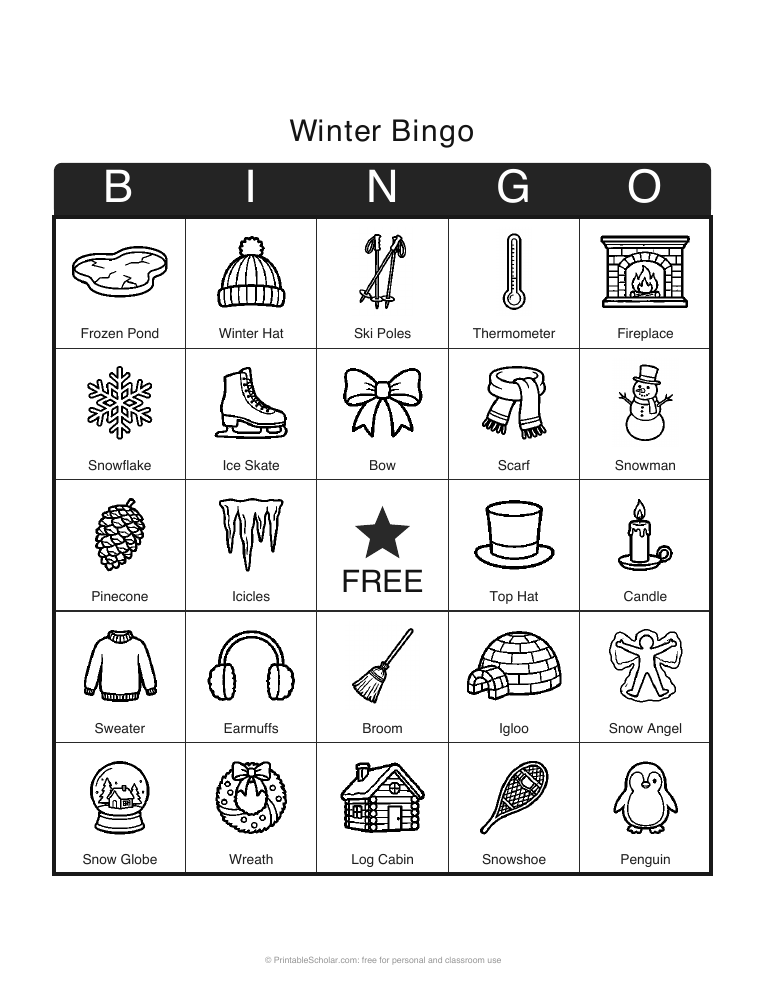 Winter Bingo printable card preview