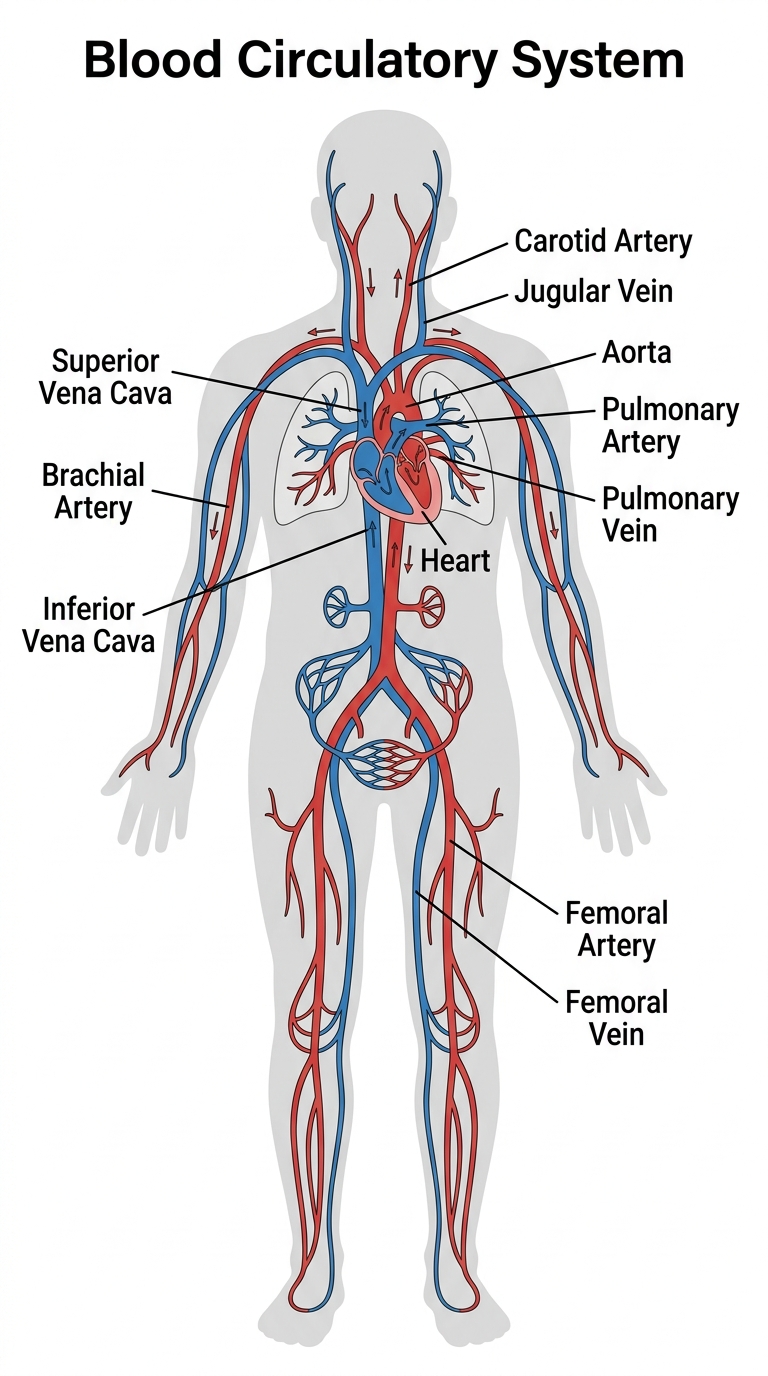 Labeled human circulatory system diagram showing heart, aorta, pulmonary artery, pulmonary vein, vena cava, carotid artery, and femoral vessels with red arteries and blue veins