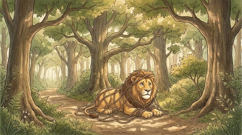 The Lion and the Mouse: Down came the net! The lion pulled, and he twisted, and he tugged. But the more he pulled,