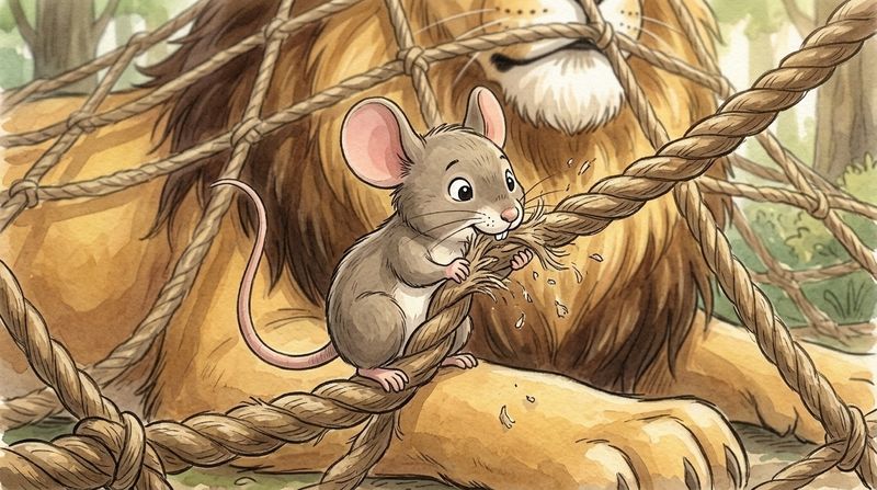 The Lion and the Mouse: The little mouse began to nibble at the ropes. Nibble, nibble, nibble, went her tiny teeth