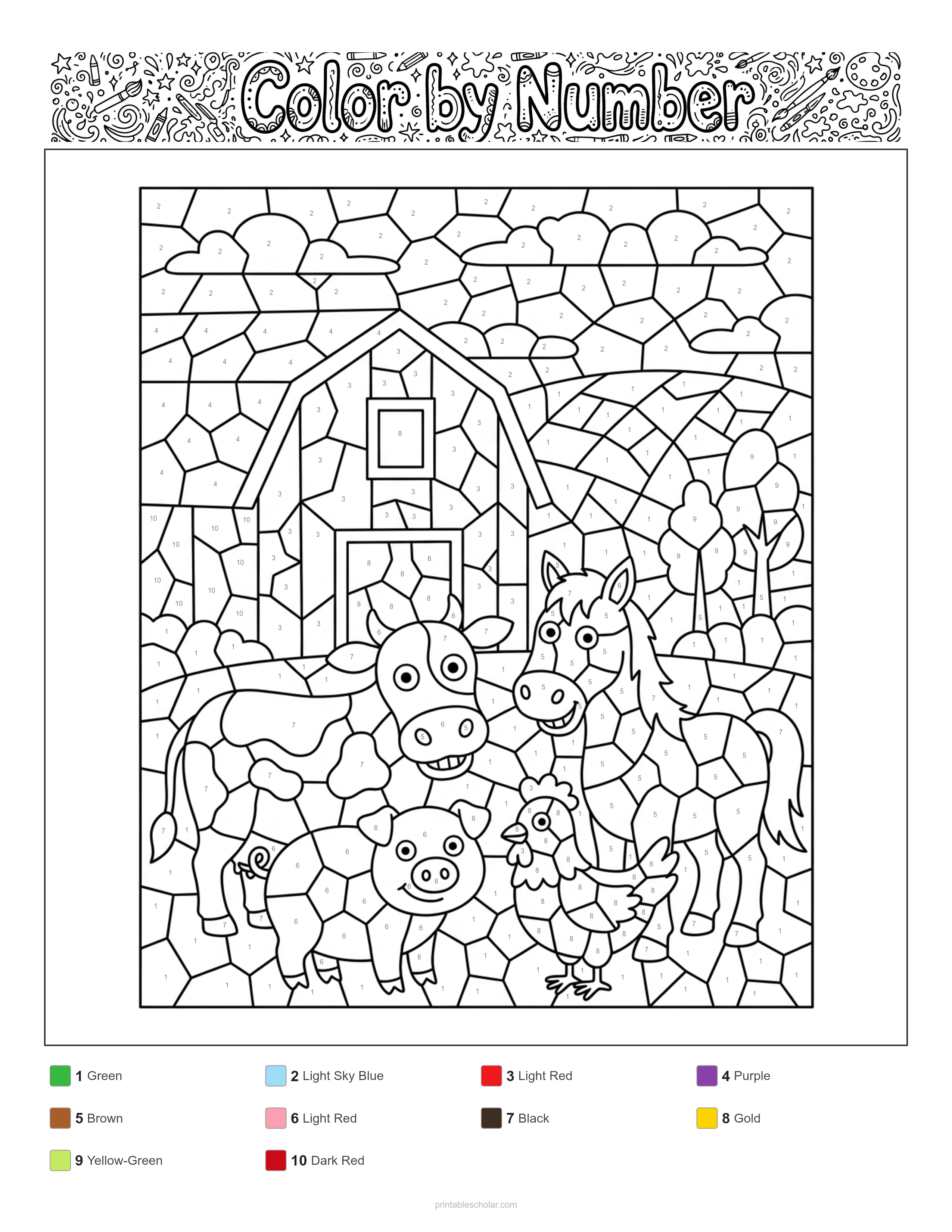 Farm Animals Color by Number - Mosaic (Stained Glass) Difficulty