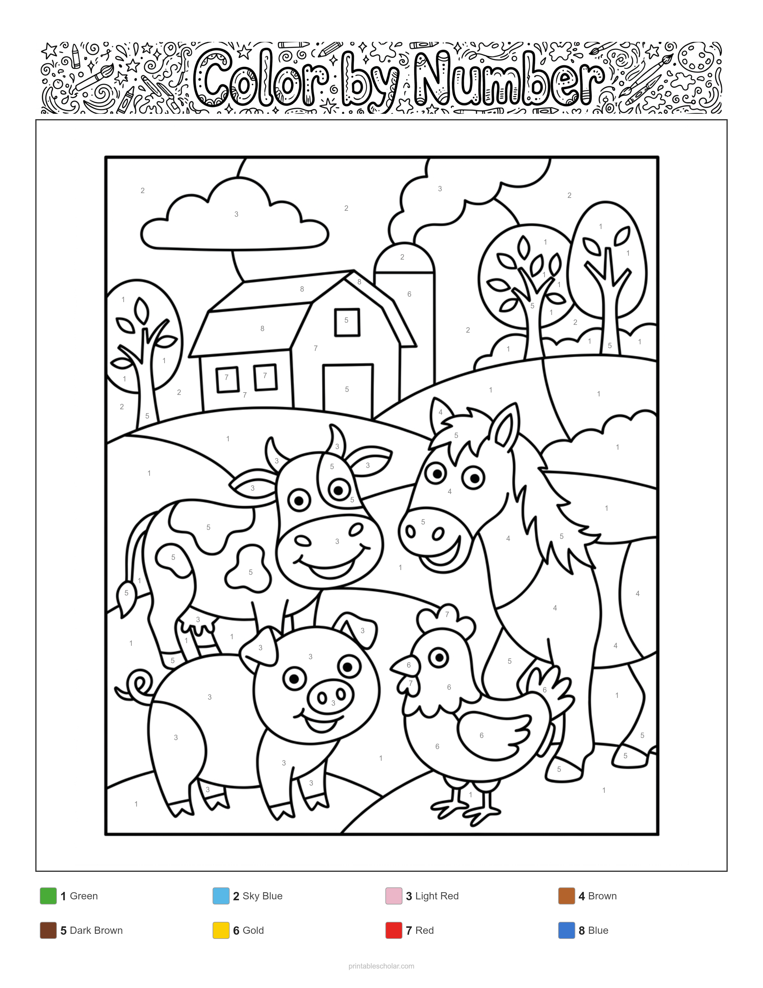 Farm Animals Color by Number - Standard Difficulty