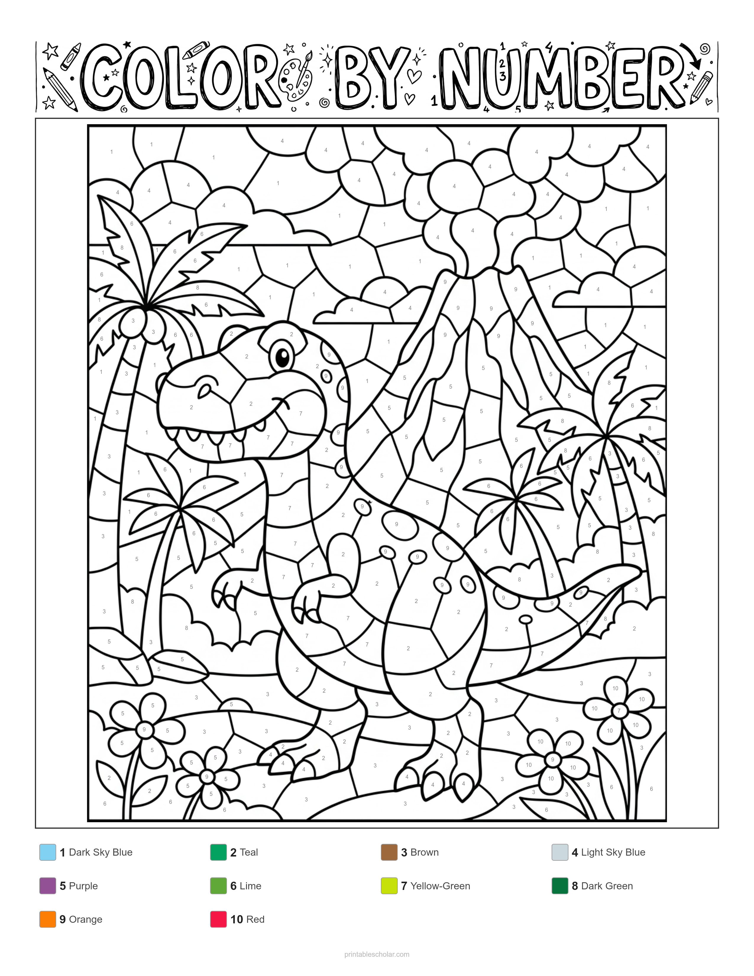 Dinosaur Color by Number - Mosaic (Stained Glass) Difficulty