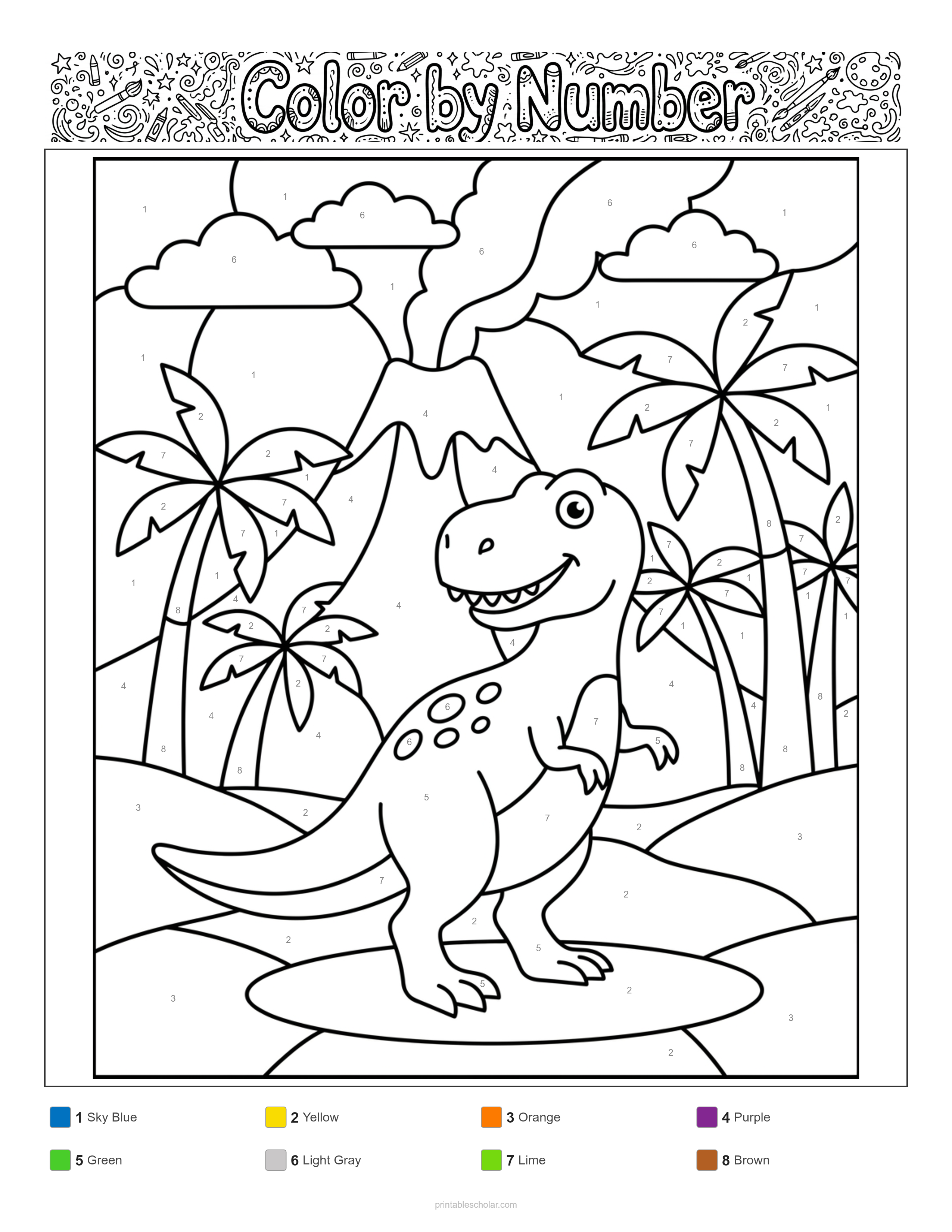 Dinosaur Color by Number - Standard Difficulty