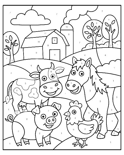 Farm Animals color by number worksheet