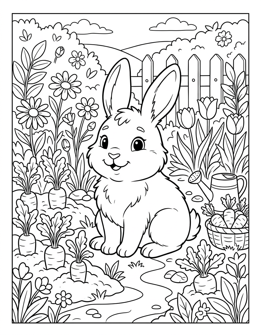 Bunny in Garden - Free Printable Coloring Page