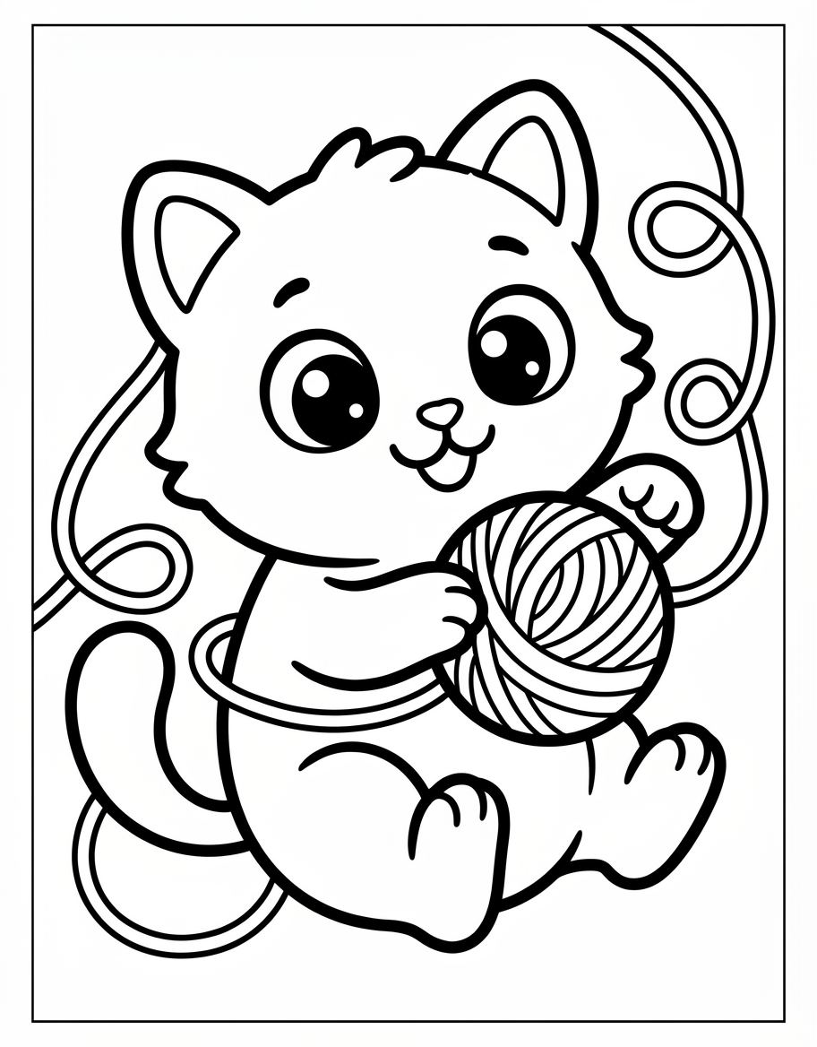 Kitten with Yarn - Free Printable Coloring Page