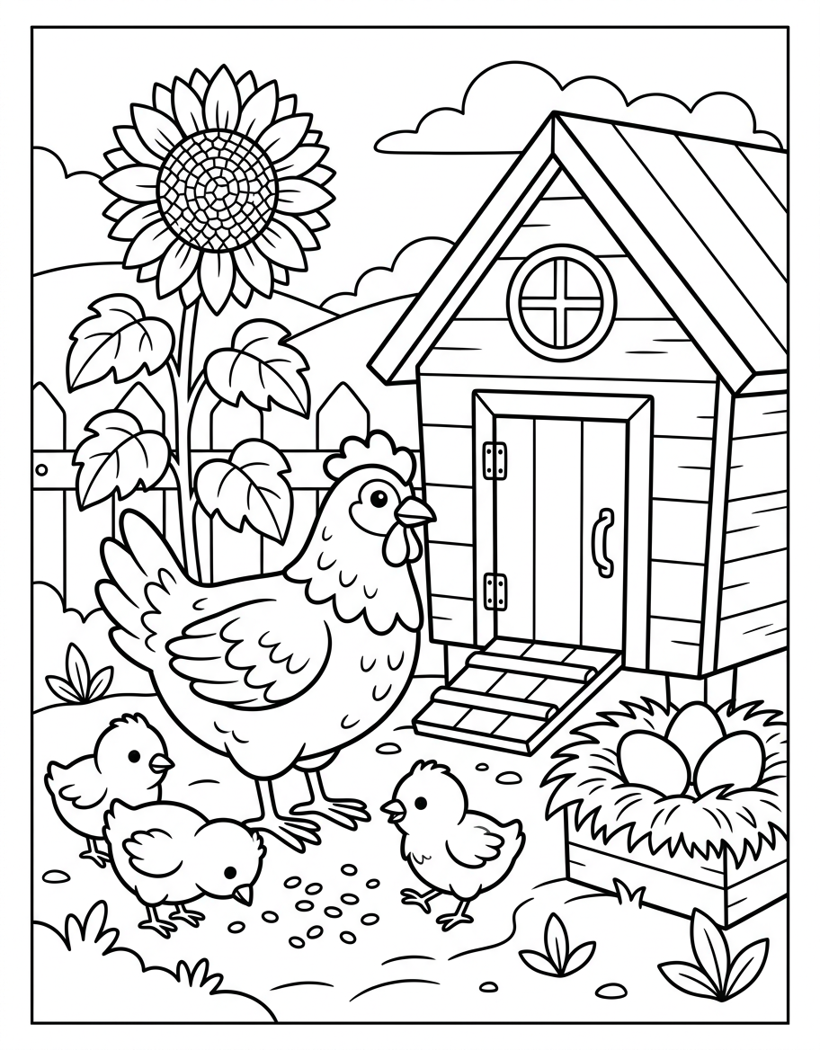 Hen and Chicks - Free Printable Coloring Page