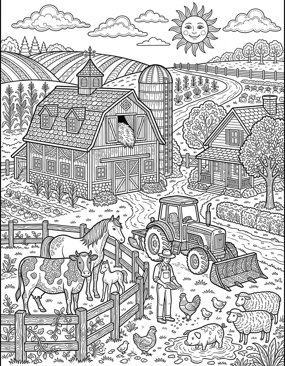 Farm Scene - Free Printable Coloring Page