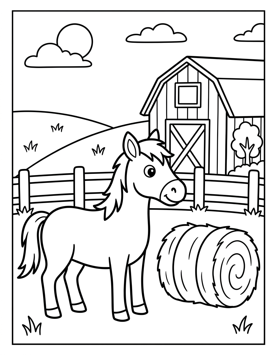 Horse at Barn - Free Printable Coloring Page