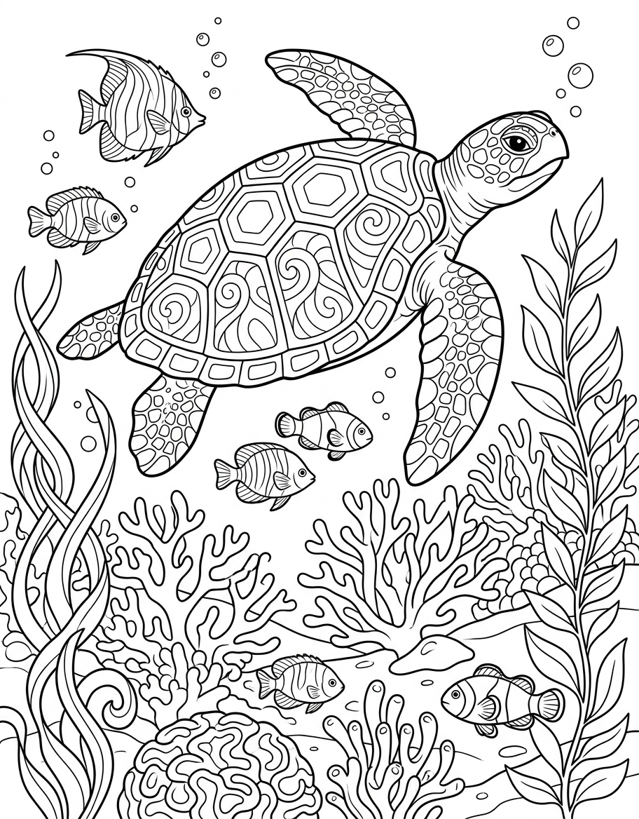 Sea Turtle on Reef - Free Printable Coloring Page