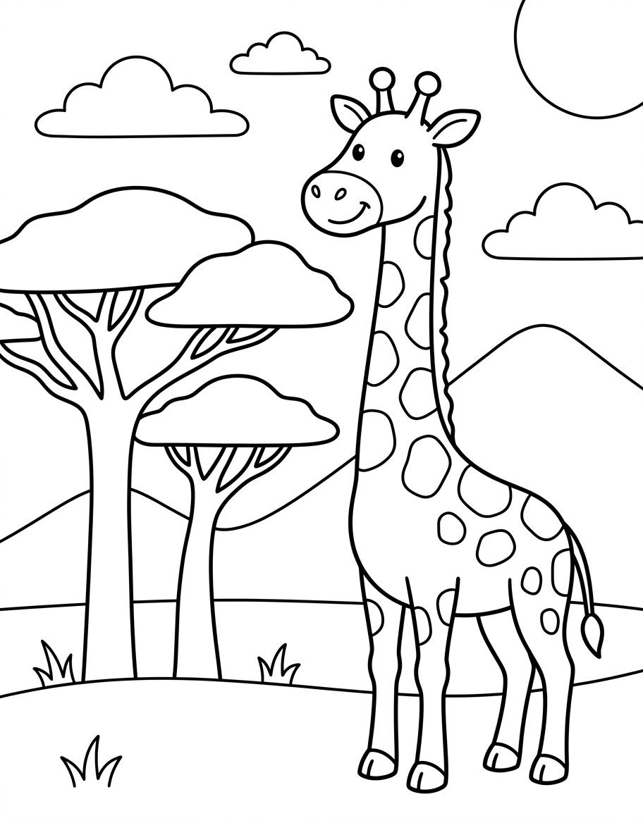 Giraffe with Trees - Free Printable Coloring Page