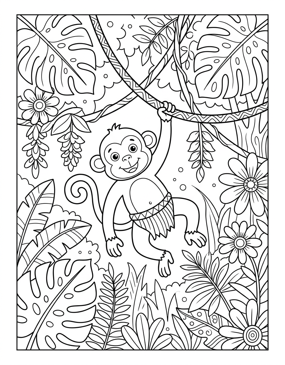 Monkey in Jungle - Free Printable Coloring Page