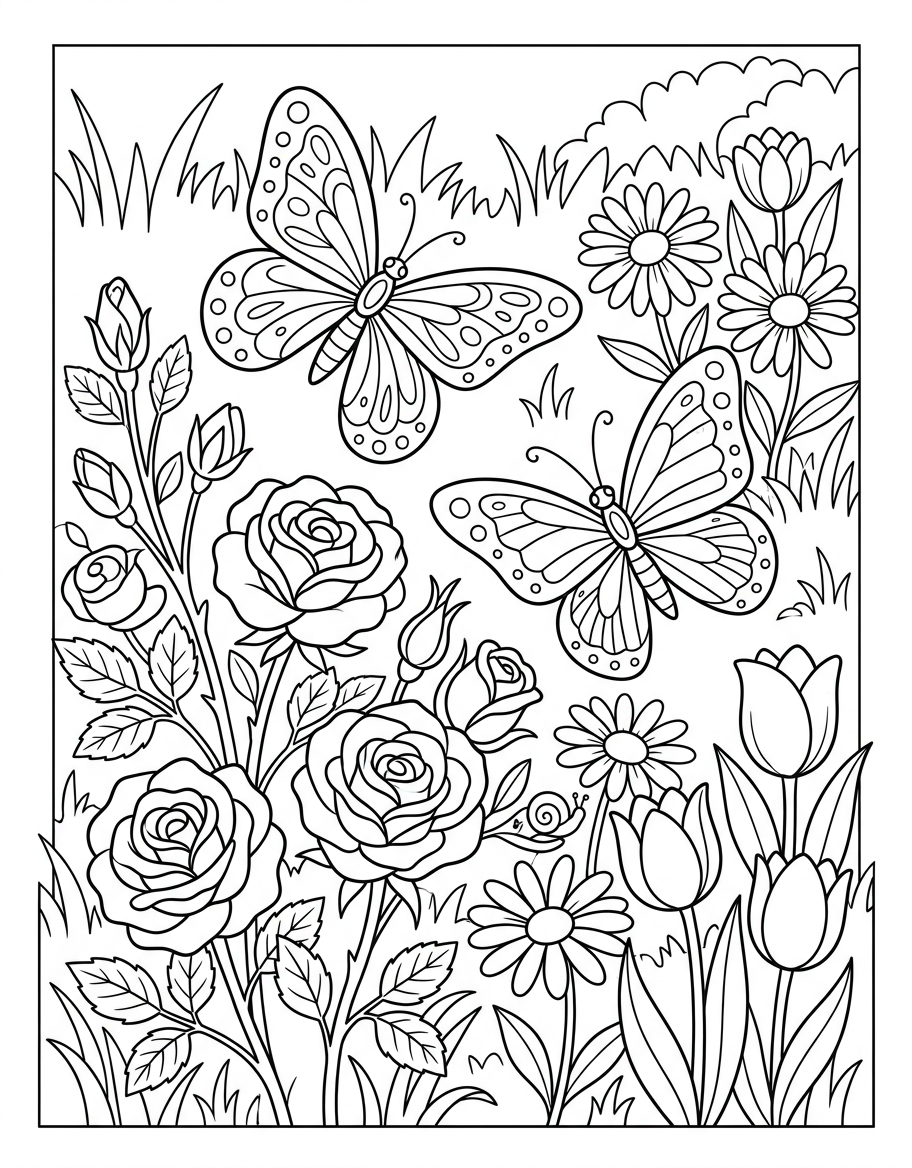 Butterflies in Garden - Free Printable Coloring Page