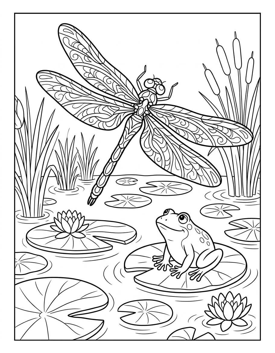 Dragonfly at Pond - Free Printable Coloring Page