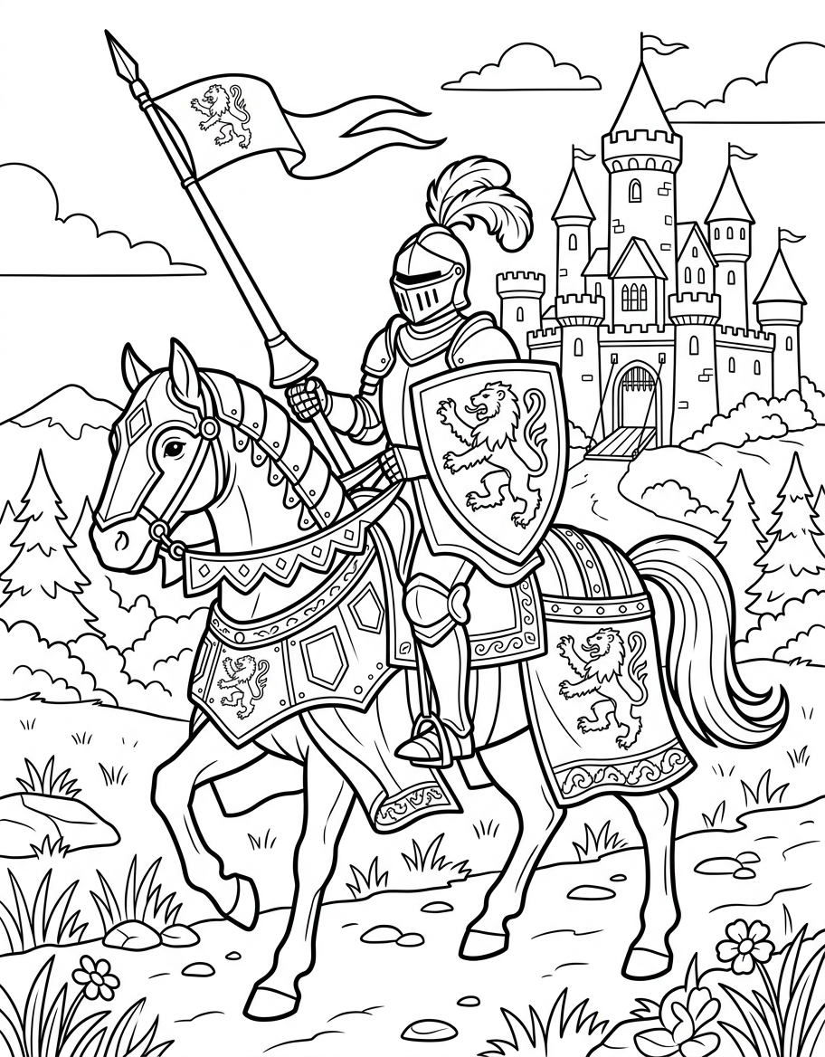 Knight on Horse - Free Printable Coloring Page
