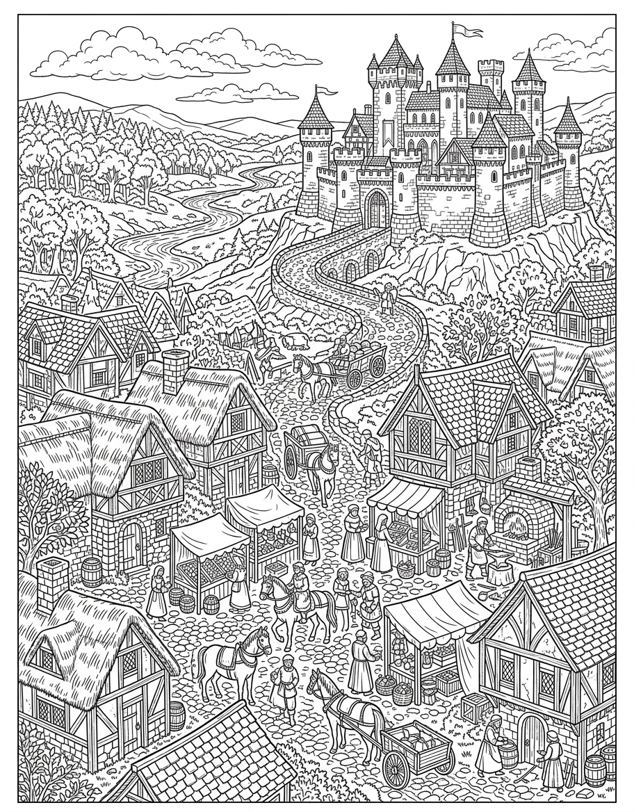 Medieval Village - Free Printable Coloring Page