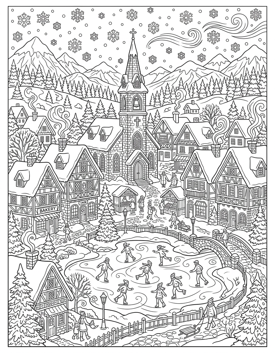 Winter Village - Free Printable Coloring Page
