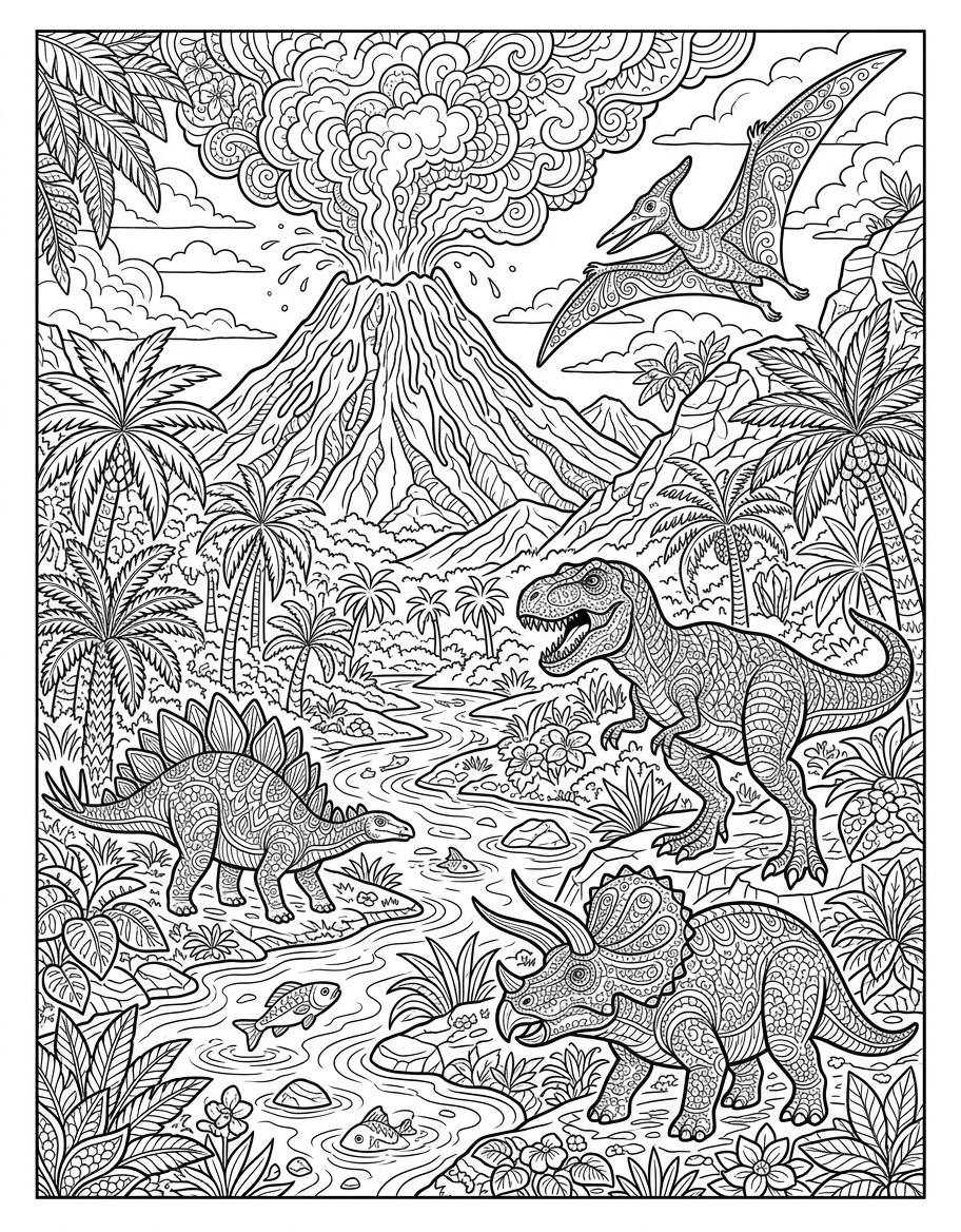 Dinosaur Volcano Scene - Free Printable Coloring Page