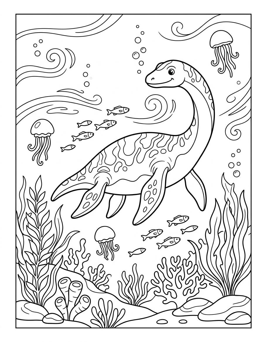 Underwater Plesiosaur - Free Printable Coloring Page