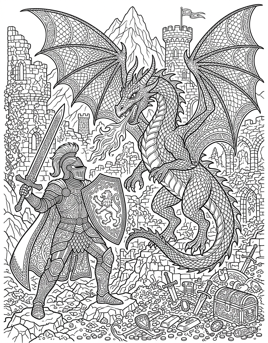 Dragon vs Knight - Free Printable Coloring Page