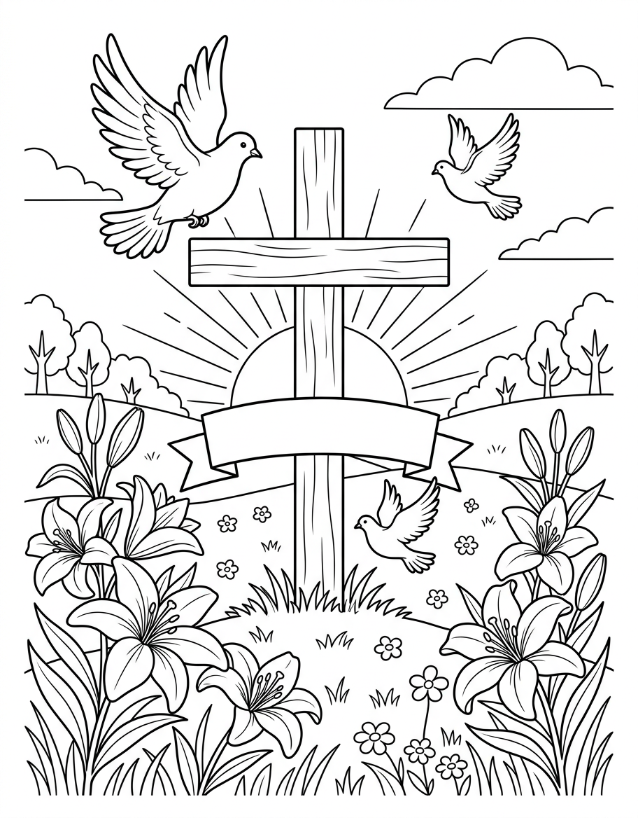 Easter Cross & Lilies - Free Printable Coloring Page