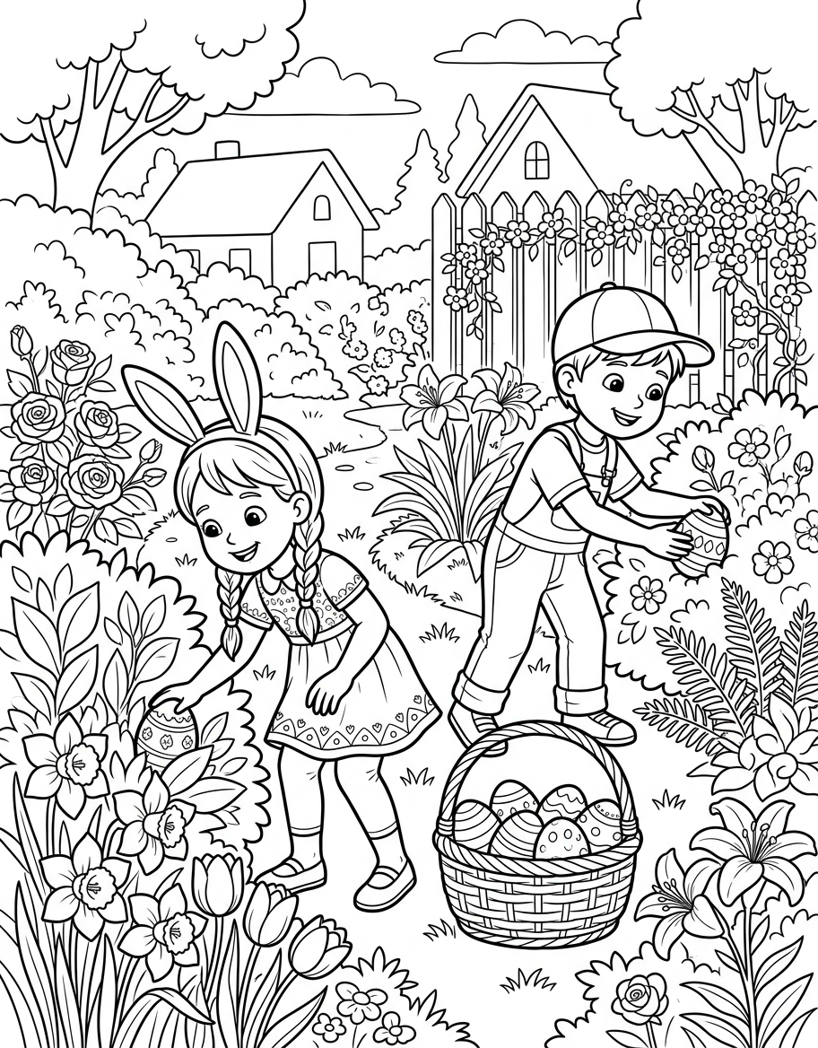 Easter Egg Hunt - Free Printable Coloring Page