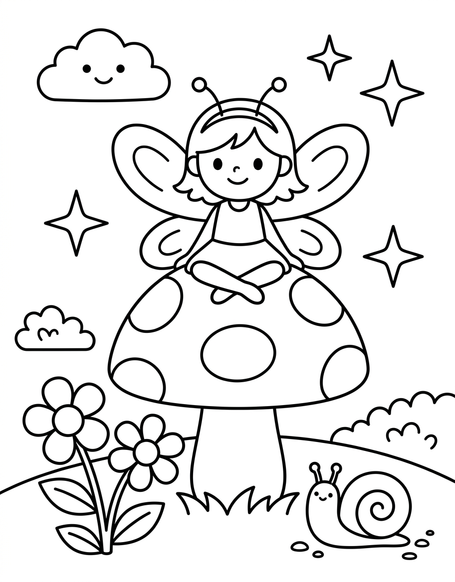 Fairy on Mushroom - Free Printable Coloring Page