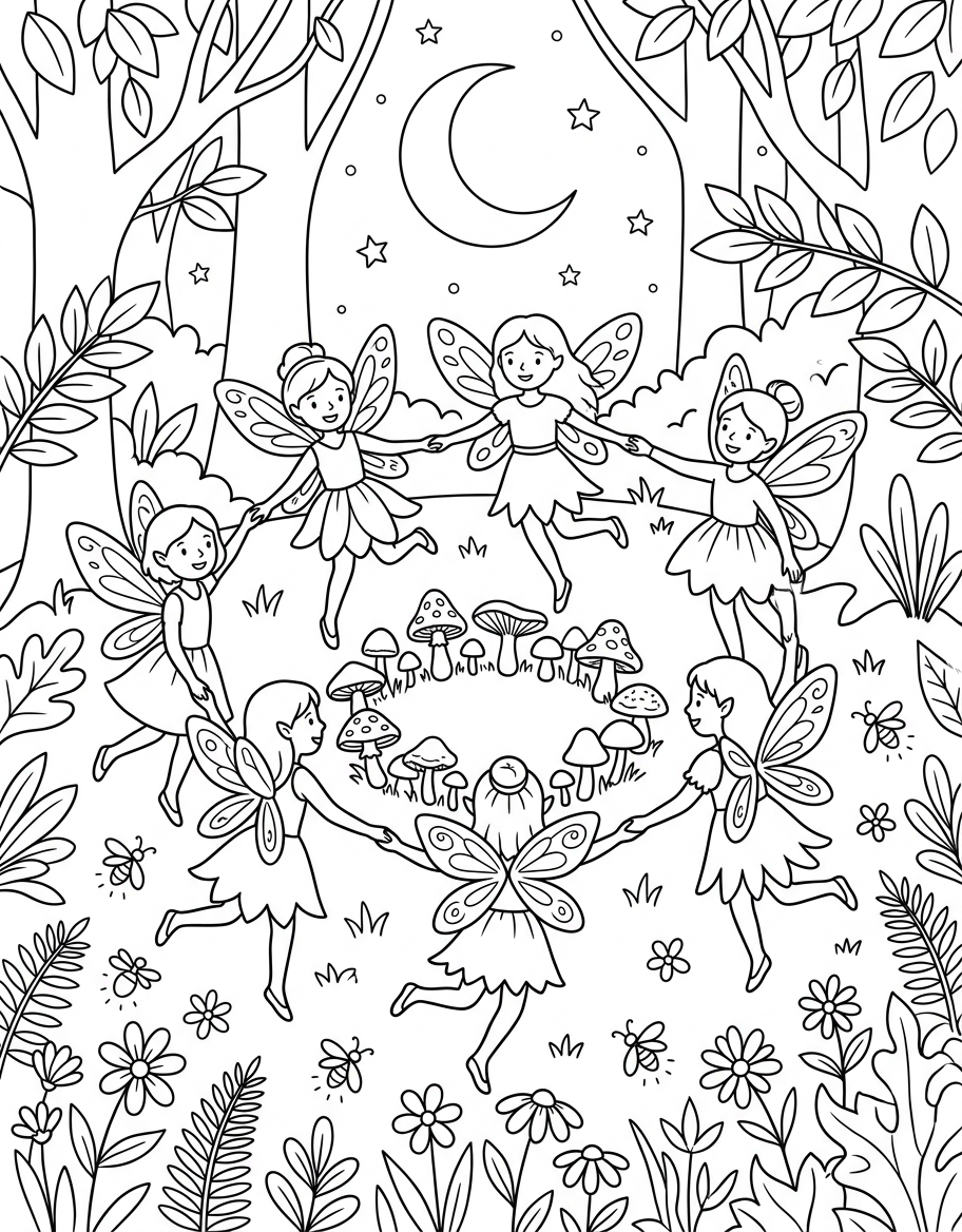 Fairy Ring Dance - Free Printable Coloring Page