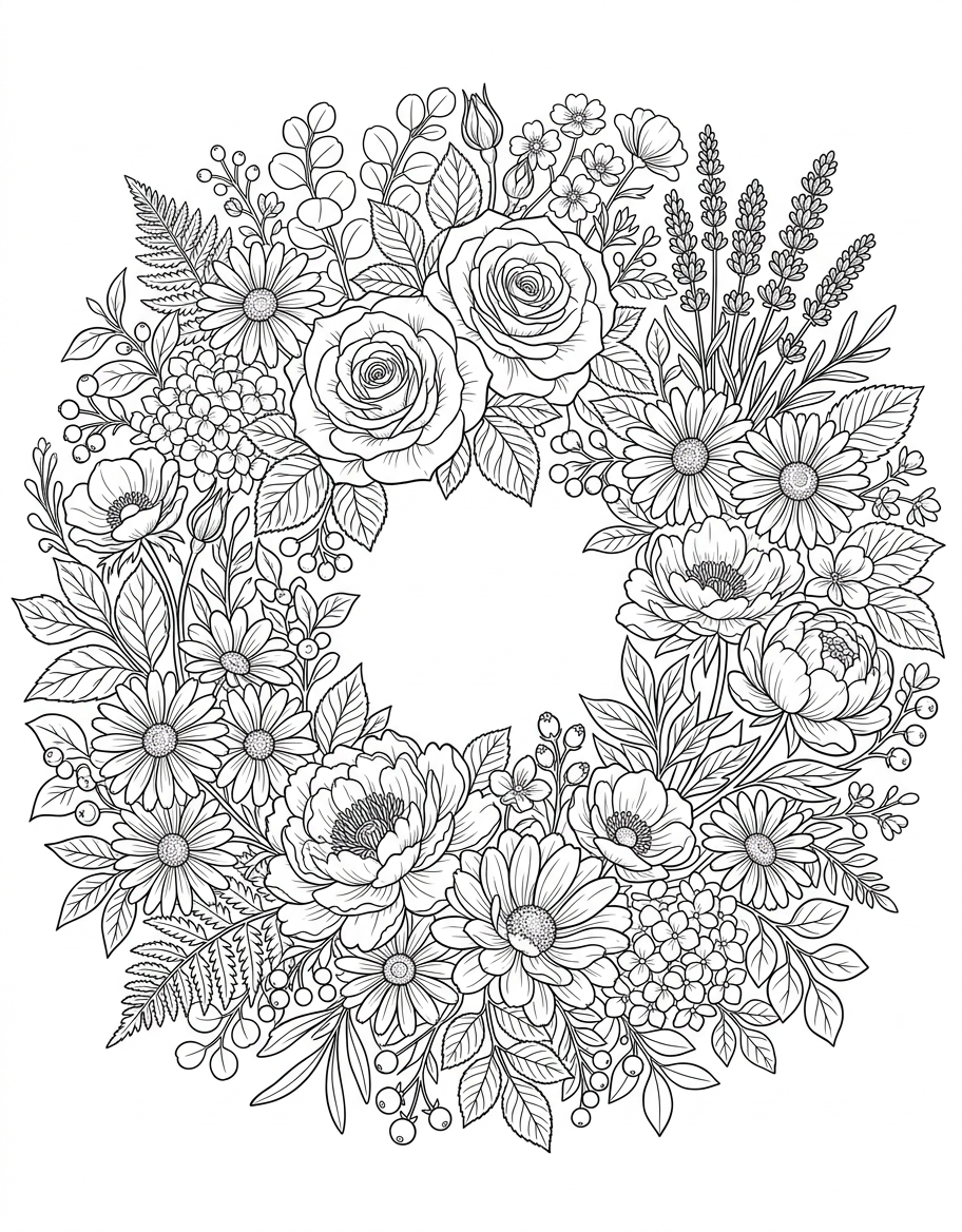 Flower Wreath - Free Printable Coloring Page