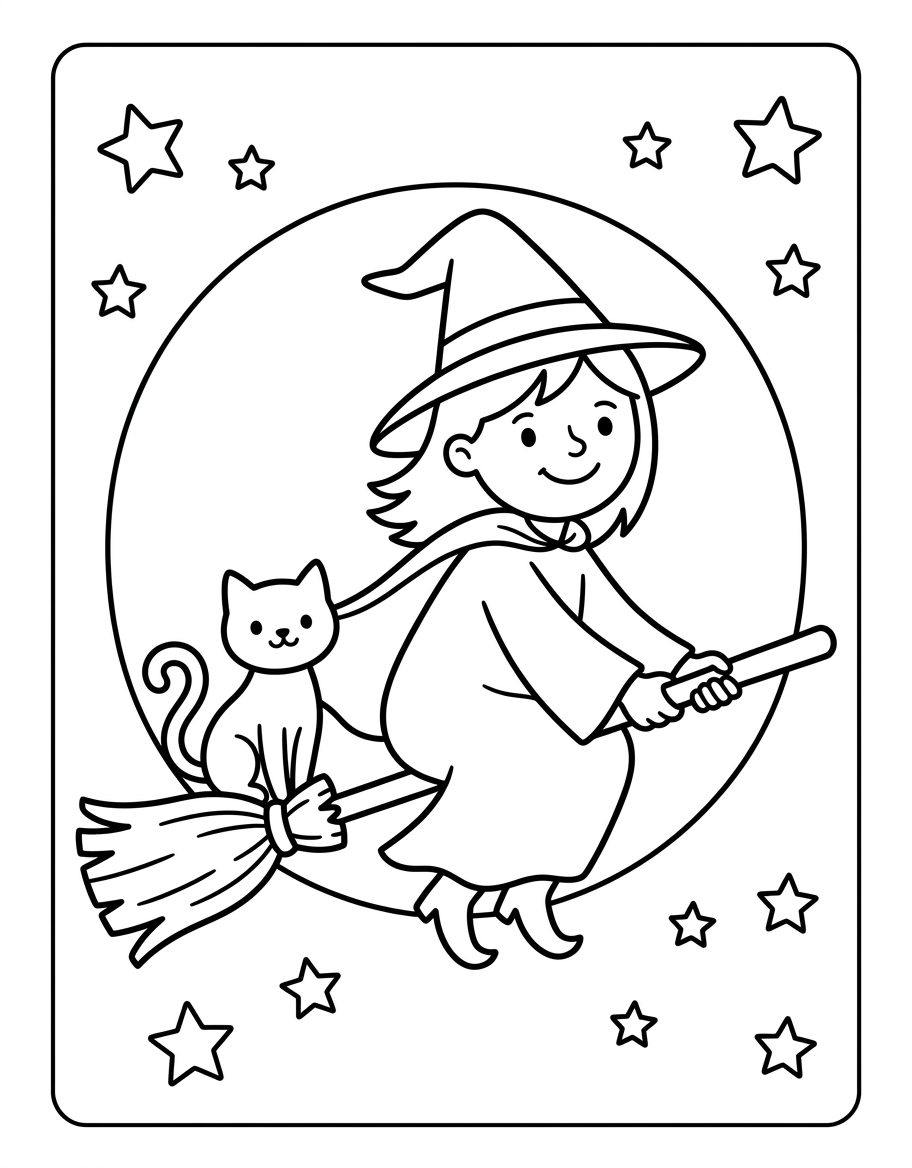 Witch on Broomstick - Free Printable Coloring Page