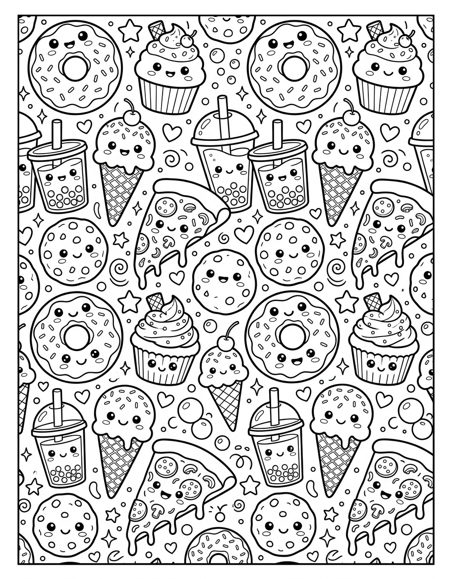 Kawaii Food Pattern - Free Printable Coloring Page