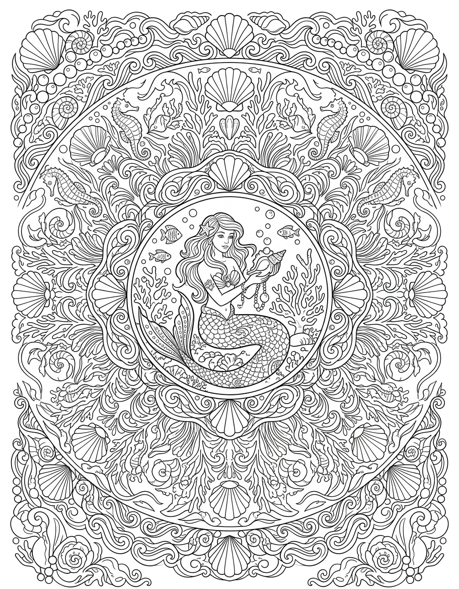 Mermaid Shell Mandala - Free Printable Coloring Page