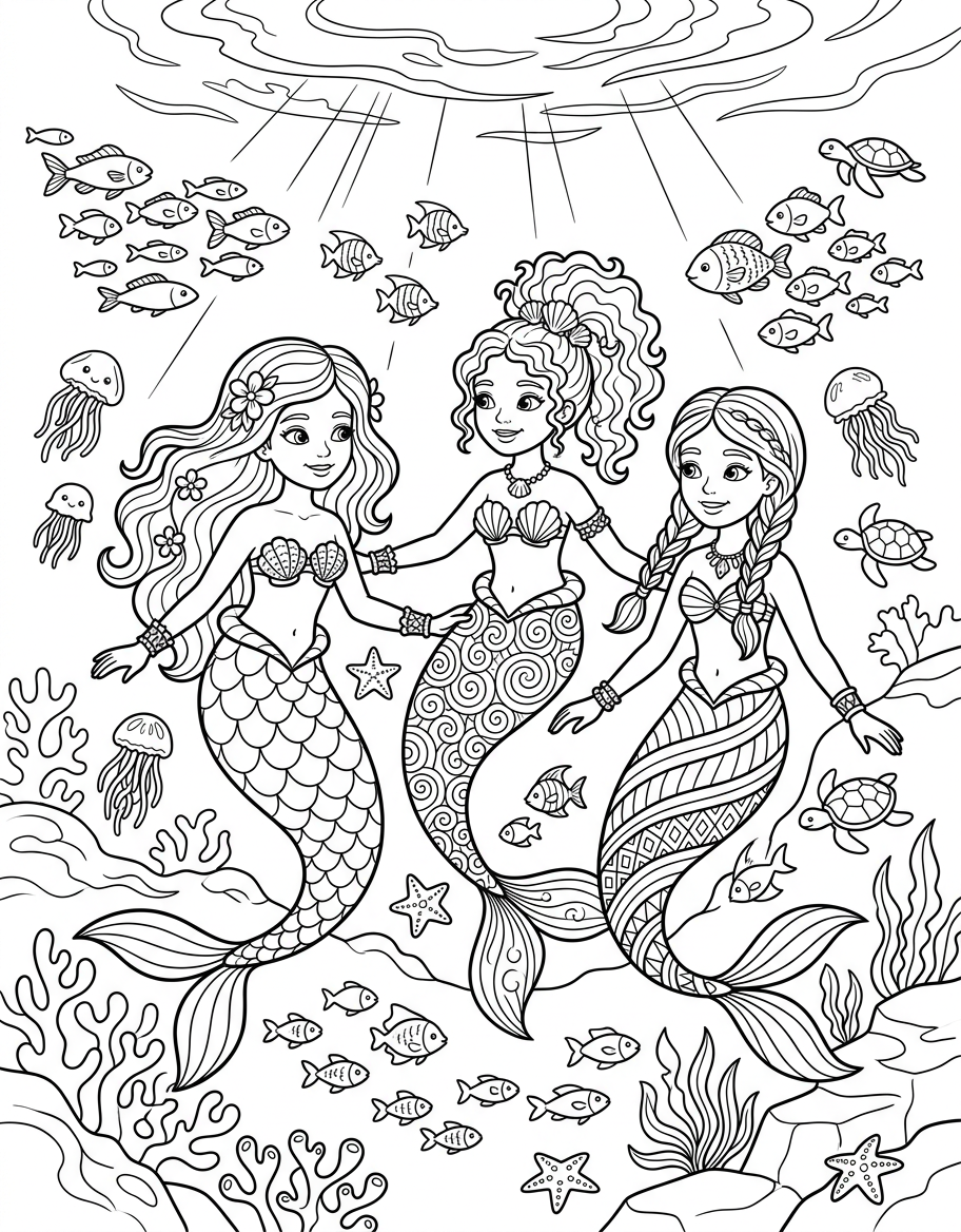 Mermaid Sisters - Free Printable Coloring Page