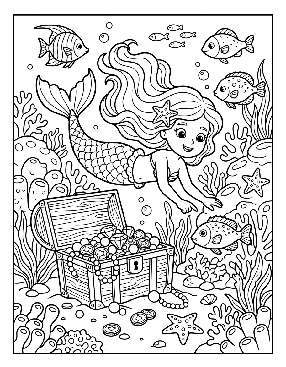 Mermaid Treasure - Free Printable Coloring Page