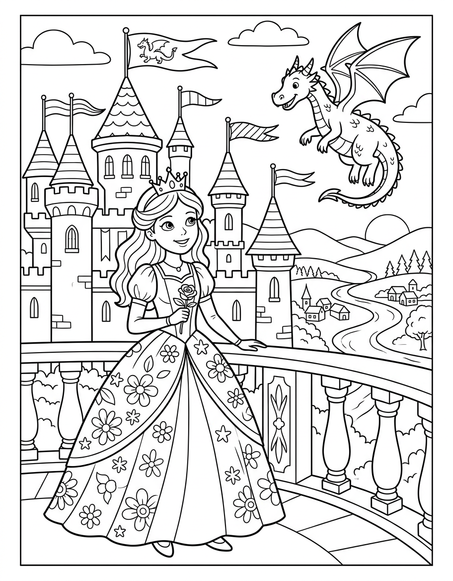 Princess at Castle - Free Printable Coloring Page