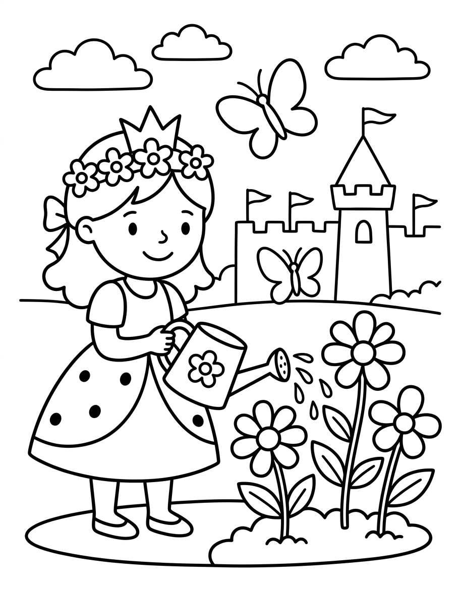 Princess in Garden - Free Printable Coloring Page