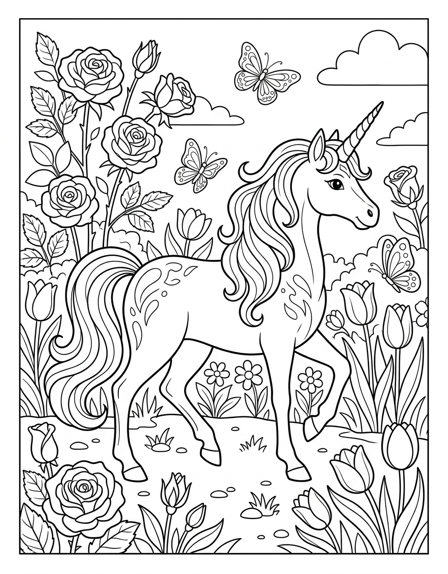 Unicorn in Flower Garden - Free Printable Coloring Page