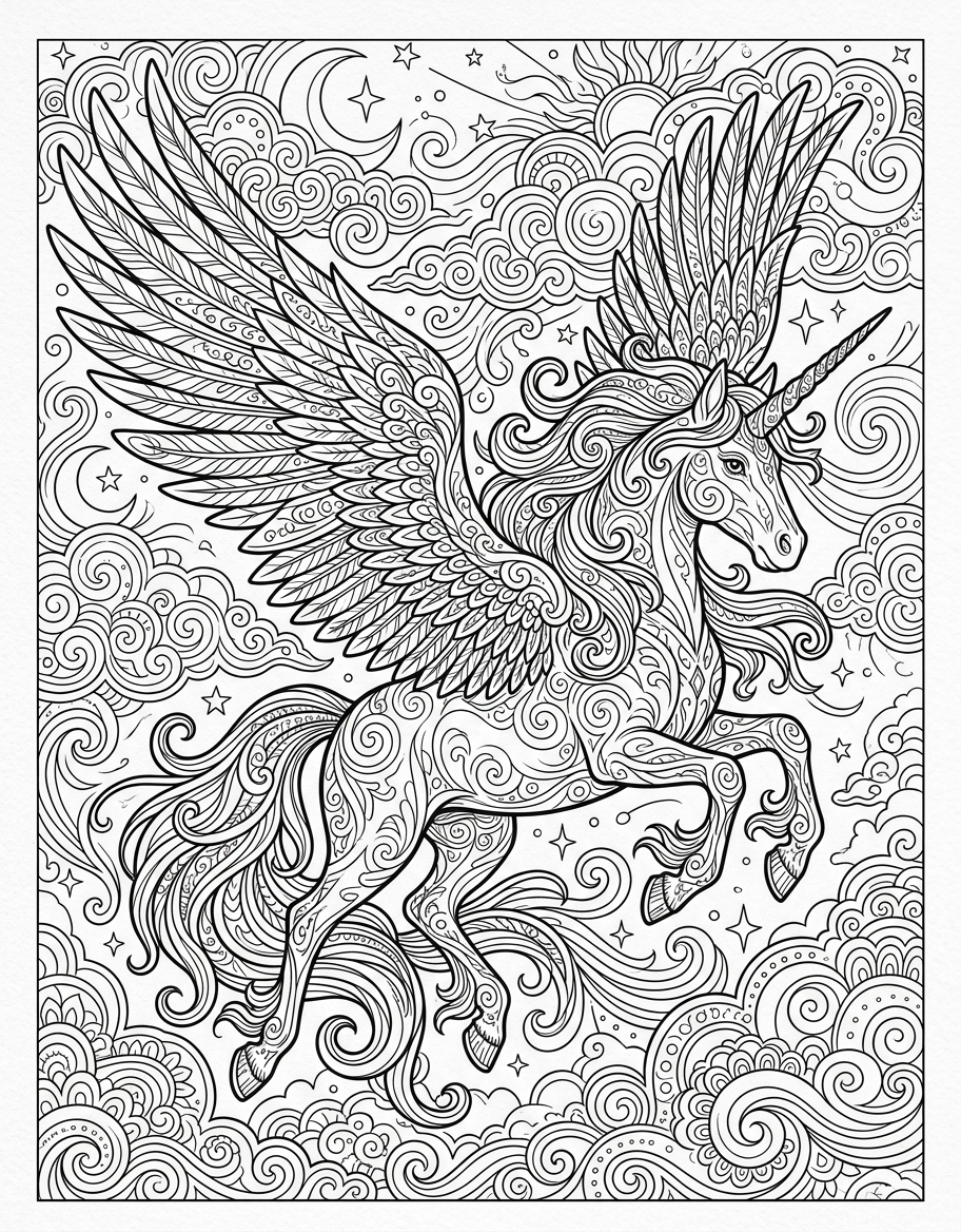 Flying Pegasus Unicorn - Free Printable Coloring Page