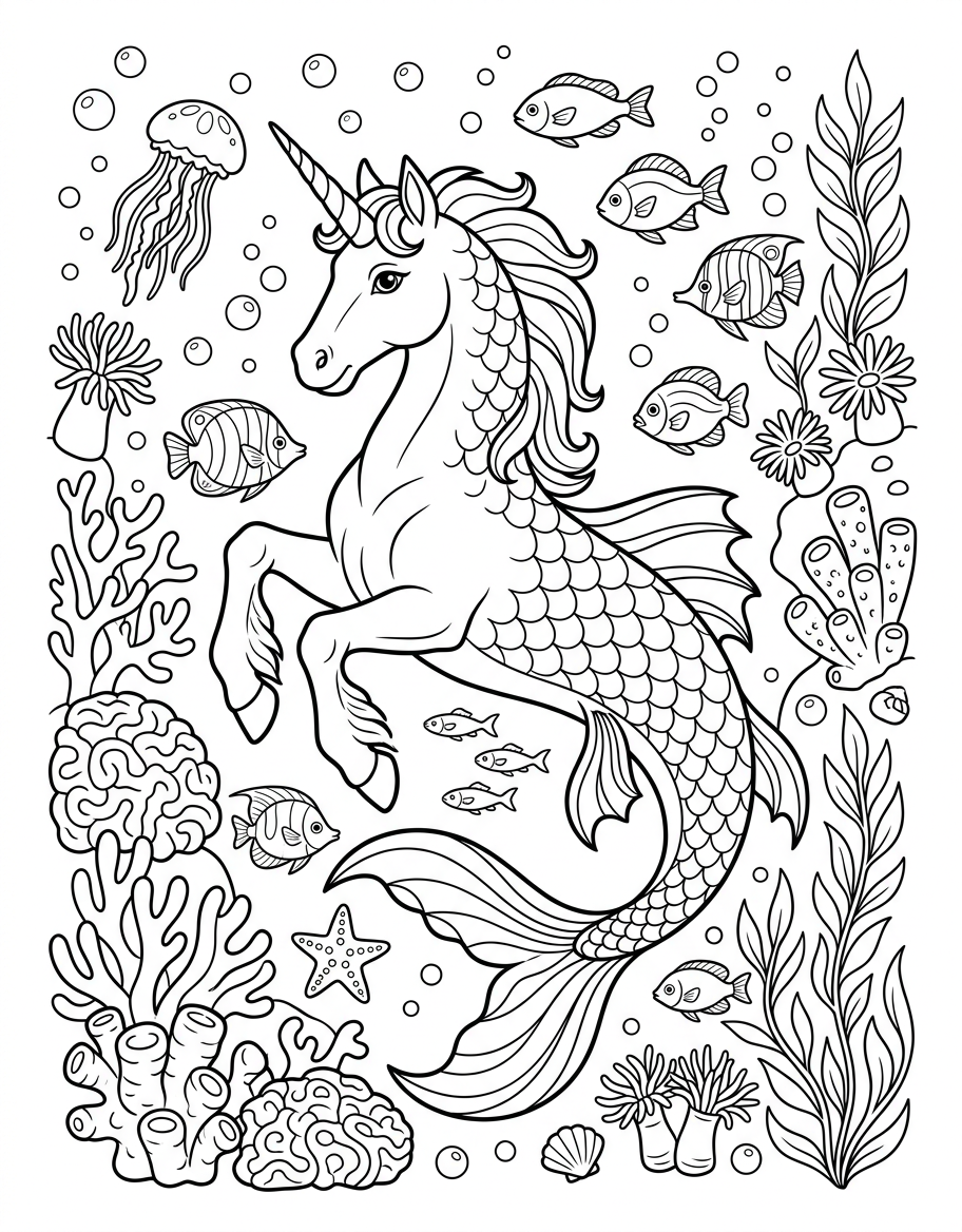 Sea Unicorn - Free Printable Coloring Page