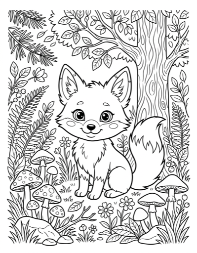 Baby Fox in Forest - Free Printable Coloring Page