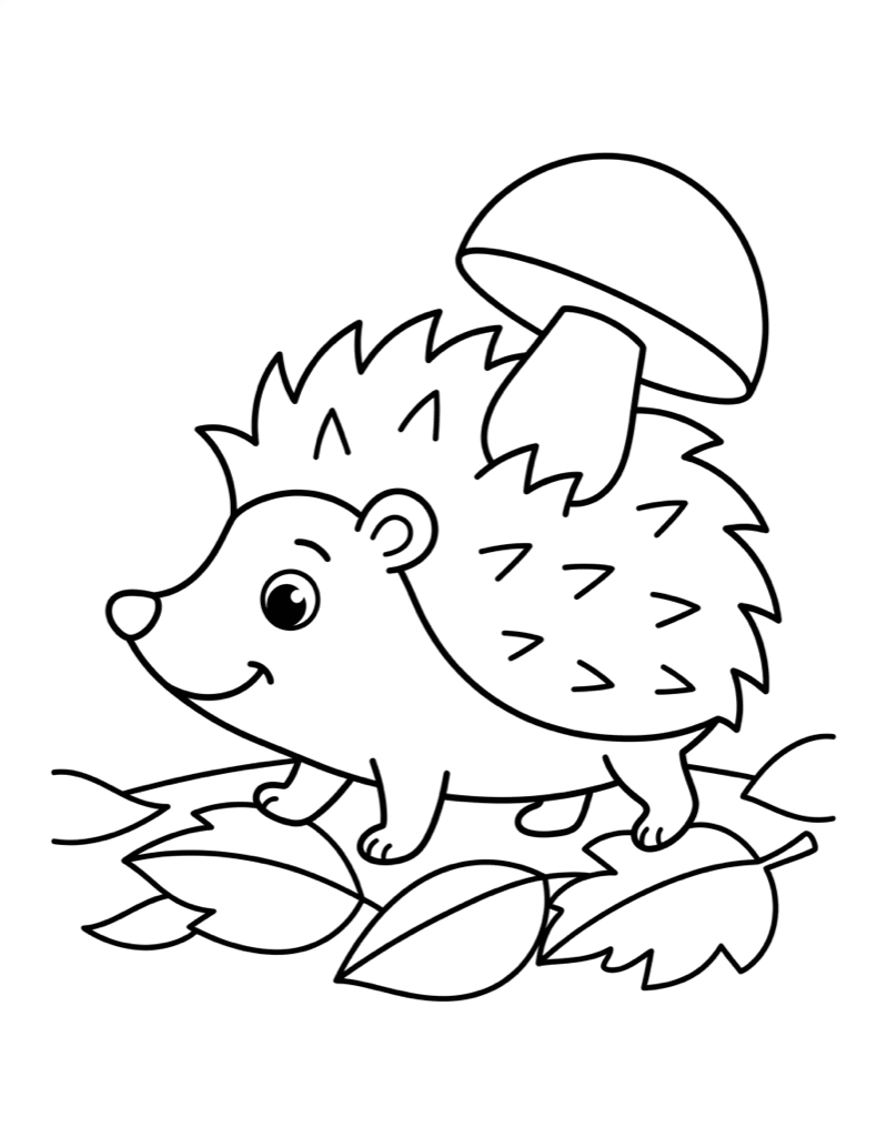 Hedgehog with Mushrooms - Free Printable Easy Coloring Page