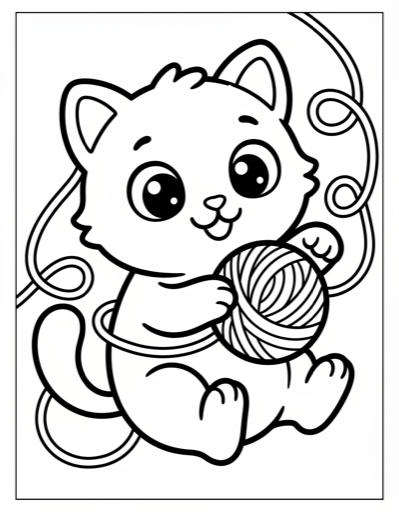 Kitten with Yarn - Free Printable Coloring Page