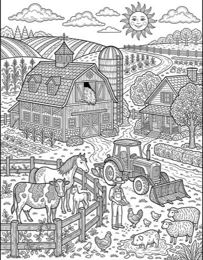 Farm Scene - Free Printable Coloring Page